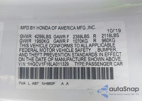 2020 Honda Accord Lx from USA, damaged, VIN 1HGCV1F16LA011329